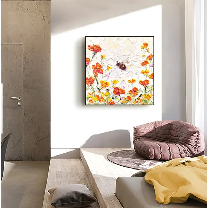 Modern living room with a colorful floral painting on the wall.