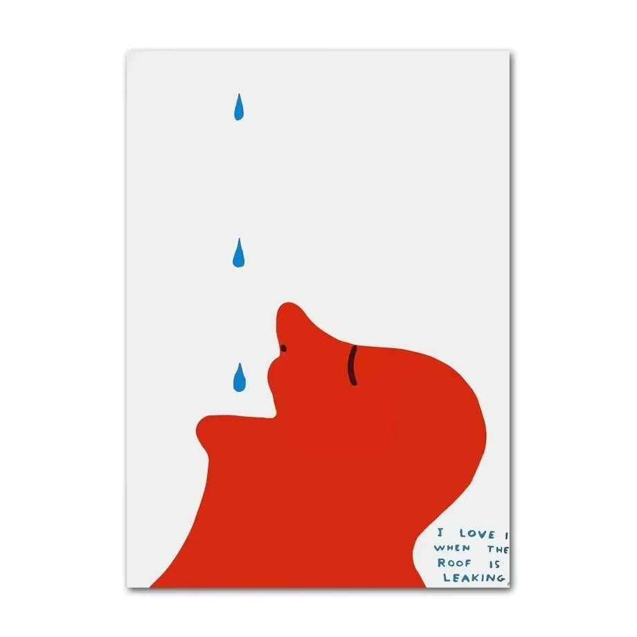Surreal illustration of a red face with blue tears and text on a white background