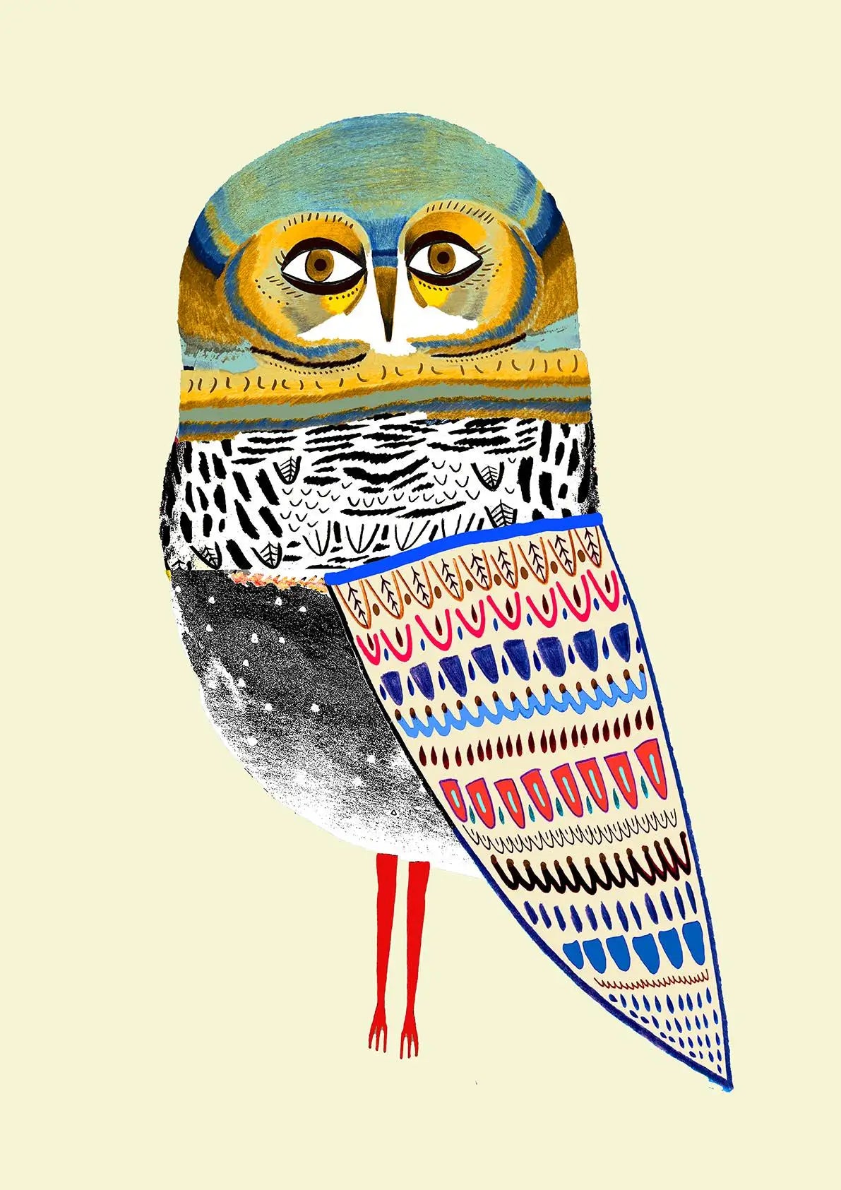 Colorful owl illustration with geometric patterns on a beige background
