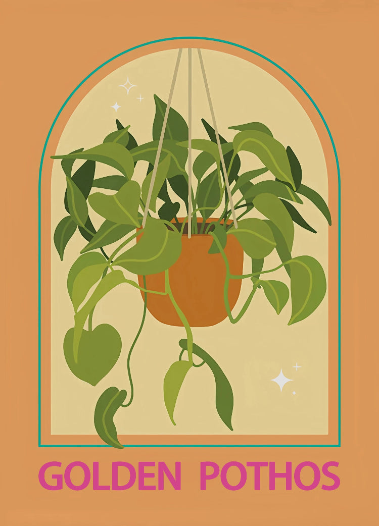 Illustration of a hanging Golden Pothos plant with a decorative border on a beige background.