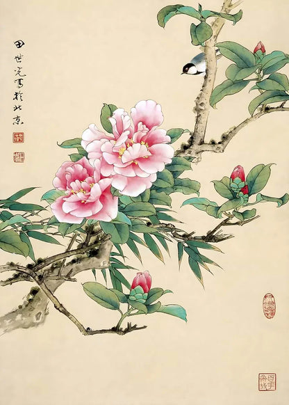 Traditional Chinese painting of pink flowers and a bird on a branch.