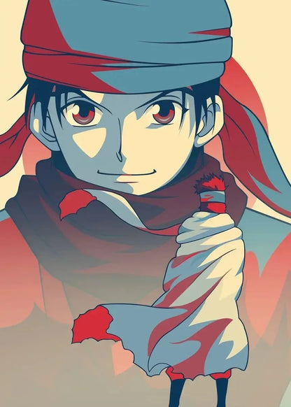 Animated character with red hair and blue headband on a beige background