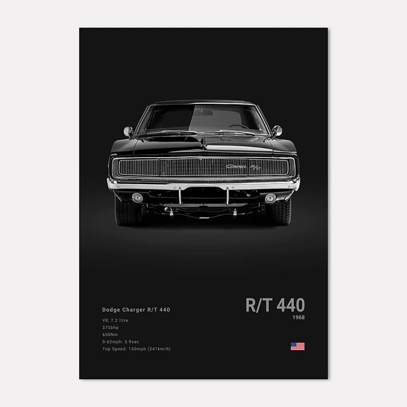 Black and white poster of a classic Dodge Charger R/T 440 with specifications on a black background.