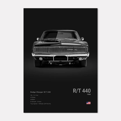 Black and white poster of a classic Dodge Charger R/T 440 with specifications on a black background.