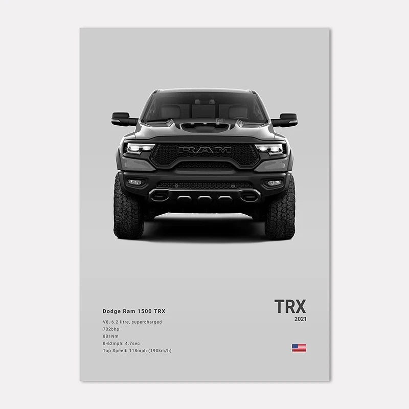 Poster of Dodge Ram 1500 TRX with specifications on a gray background