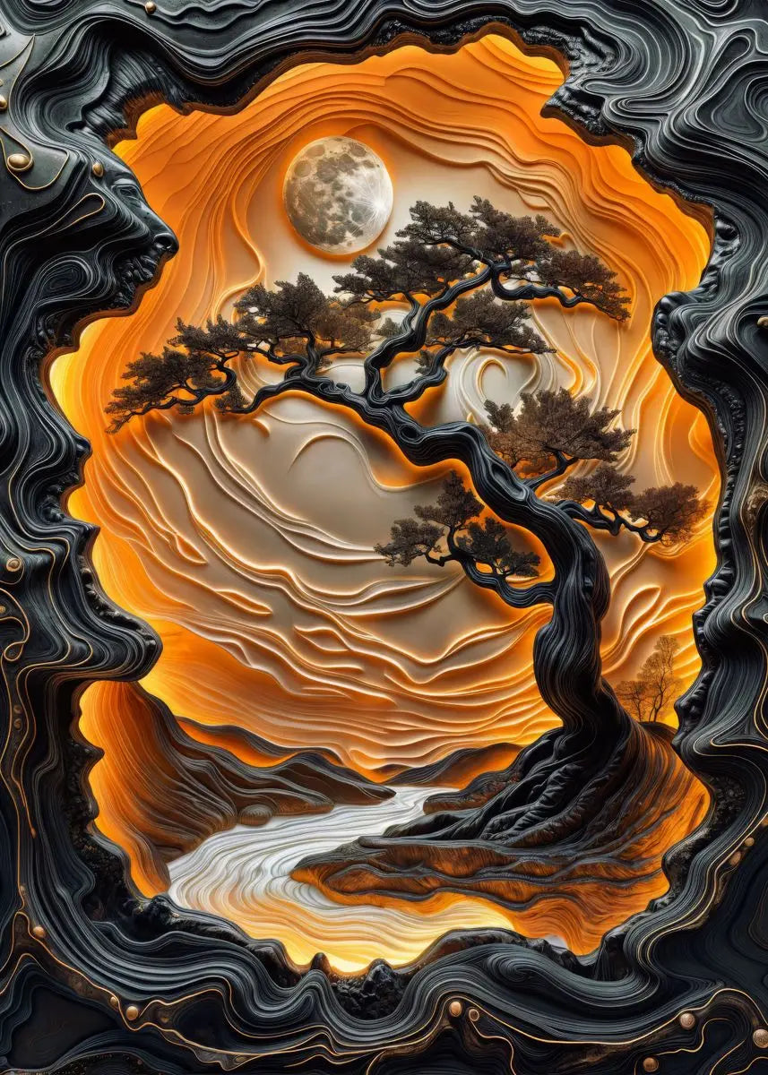 Artistic depiction of a tree with a moon in an abstract, layered landscape.