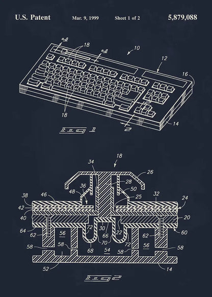 Patent illustration of a keyboard design on a dark background