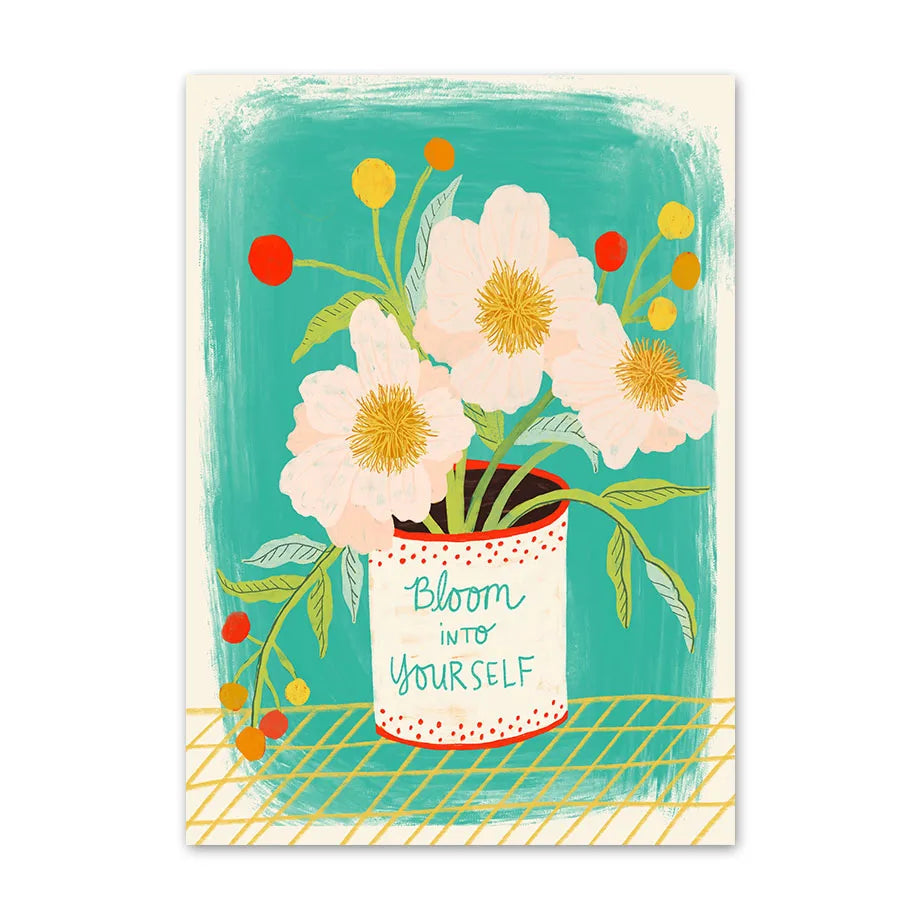 Poster with floral design and 'Bloom into Yourself' text on a teal background