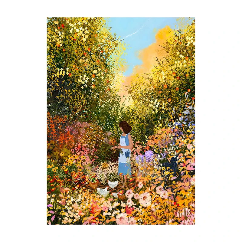Woman in a garden surrounded by colorful flowers and trees