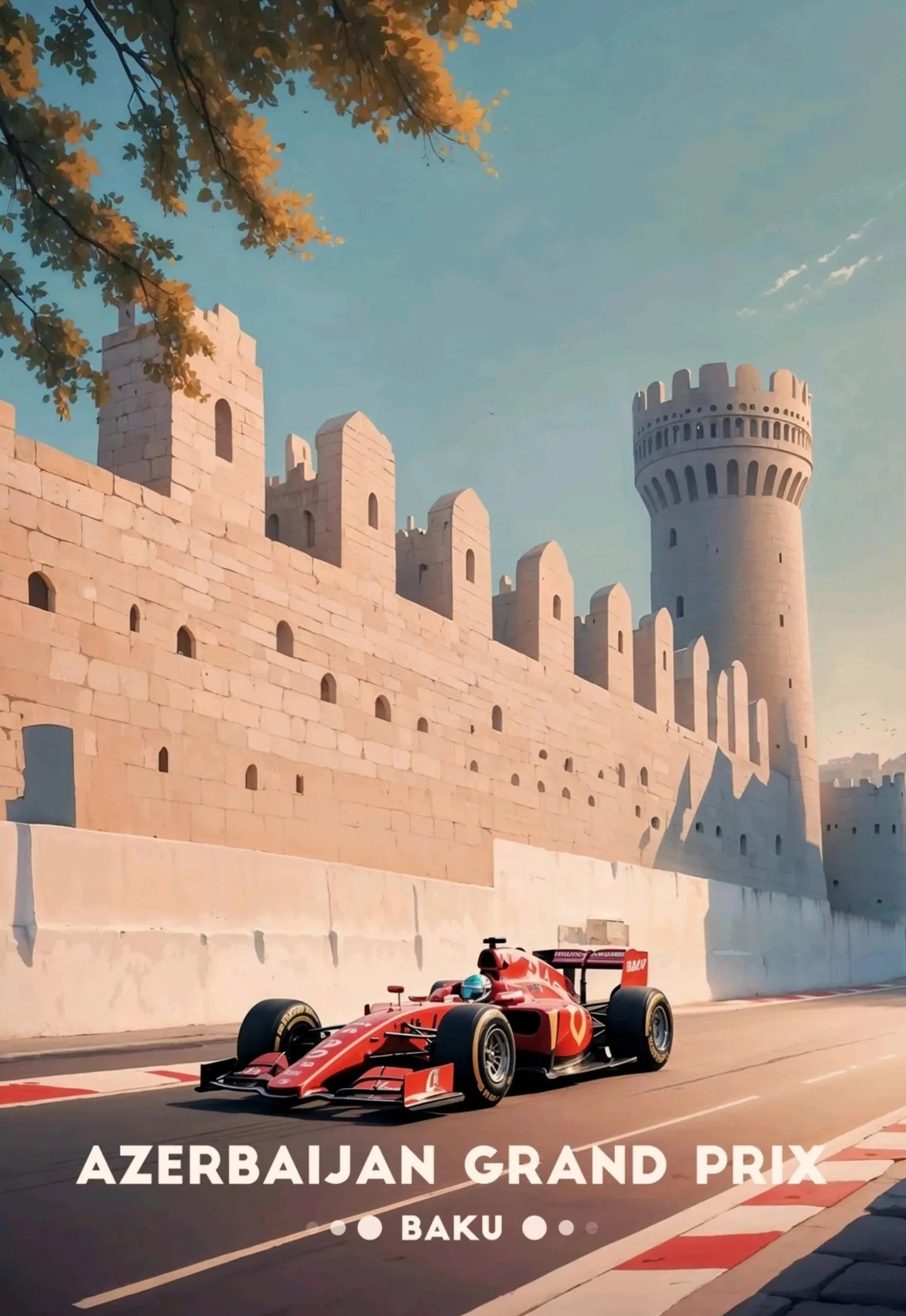 Red Formula 1 car on a race track with a historic wall and tower in the background, featuring 'Azerbaijan Grand Prix Baku'.