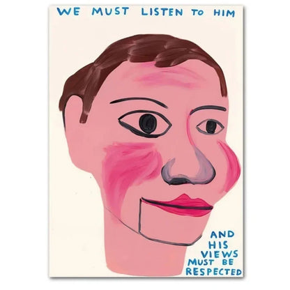 Cartoon-style illustration of a face with text above and below it on a white background