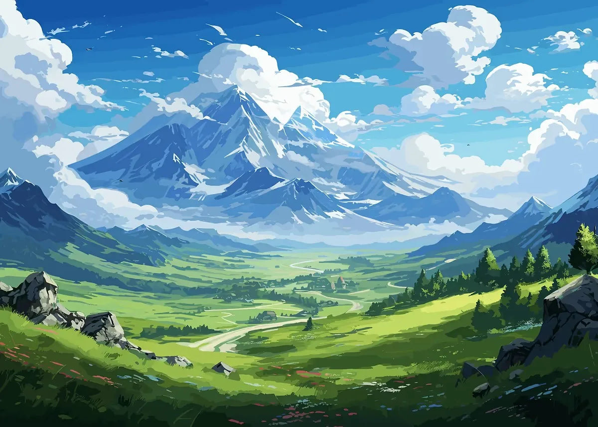 Scenic landscape with mountains, green fields, and trees under a blue sky.
