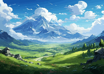 Scenic landscape with mountains, green fields, and trees under a blue sky.