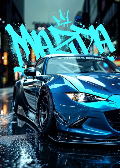 Blue sports car on a wet street with graffiti-style text in the background