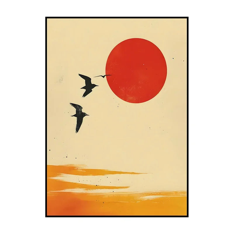Art print with a red sun and black birds on a beige background