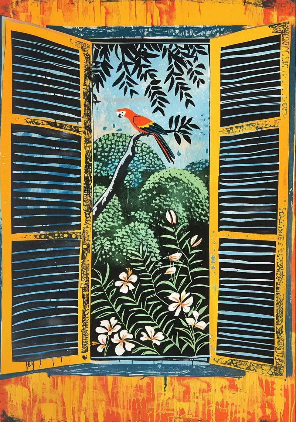 Decorative painting of a parrot on a branch with foliage, framed by open shutters.