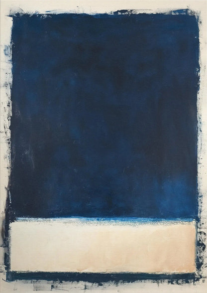 Abstract art piece with a large blue rectangle on a beige background