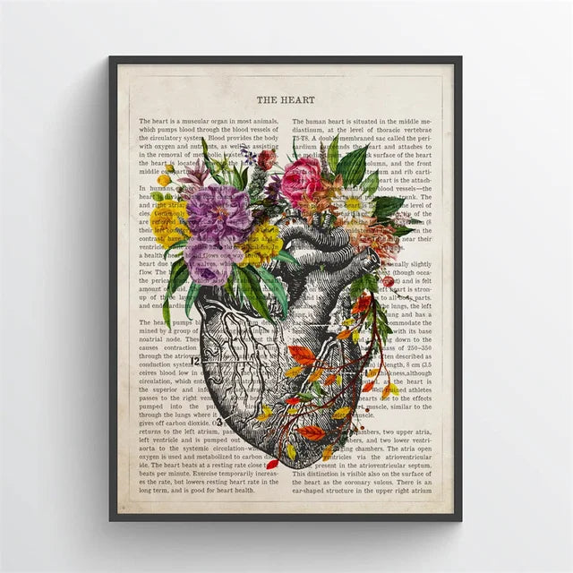 Framed artwork of a heart with floral elements on an old book page.