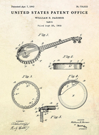 Patent illustration of a banjo with labeled parts on a beige background