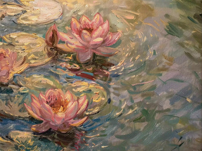 Oil painting of pink water lilies on a pond with a soft, blurred background.