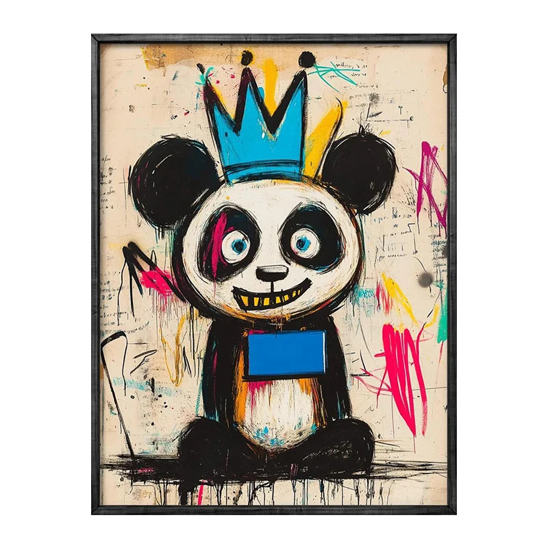 Colorful abstract painting of a panda bear with a crown on a beige background