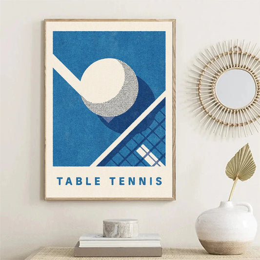 Framed table tennis poster on a wall with decorative elements. Canvas & Curio