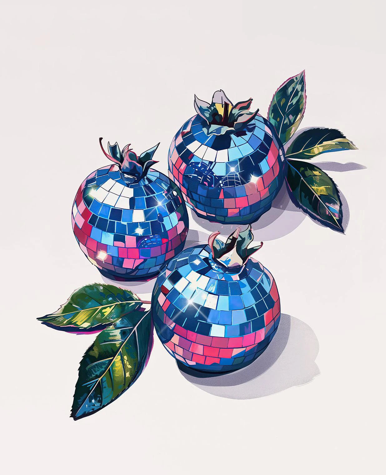 Three disco ball pomegranates with green leaves on a light background