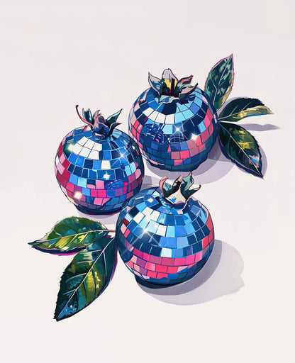 Three disco ball pomegranates with green leaves on a light background
