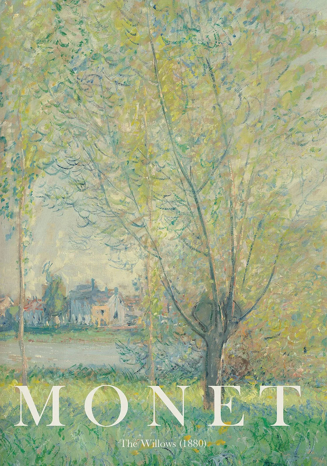 Painting of trees and a house with the word 'Monet' at the bottom