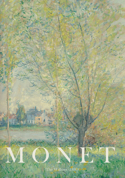 Painting of trees and a house with the word 'Monet' at the bottom