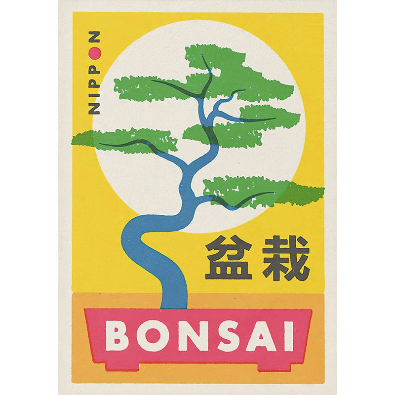 Poster of a bonsai tree with green leaves and blue trunk on a yellow background, featuring the word 'BONSAI' and the brand 'Nippon'.
