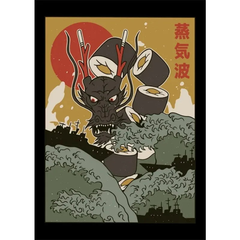 Illustration of a dragon eating sushi with a stylized background