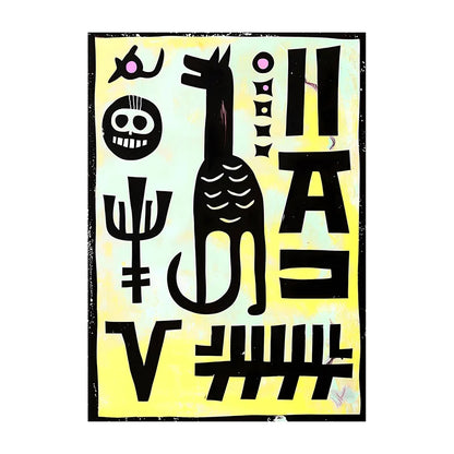 Black abstract design on a yellow background with text