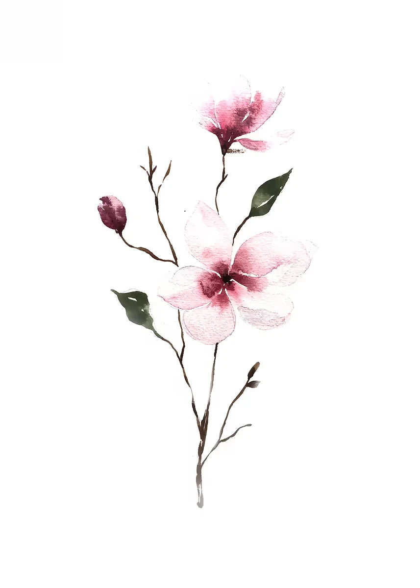 Pink floral branch with leaves on a white background