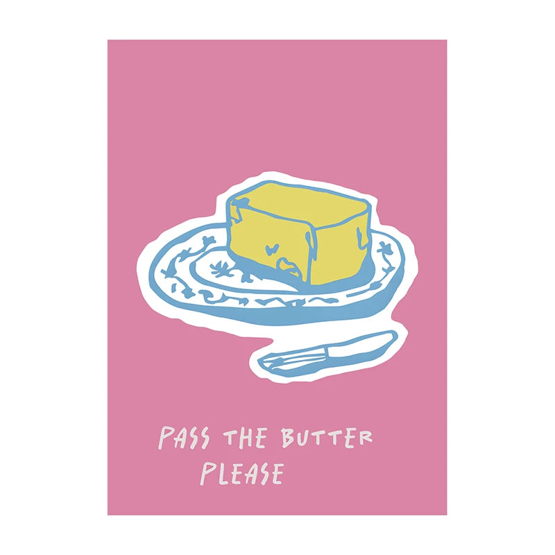 Butter on a plate with a knife on a pink background, text 'Pass the Butter Please'.