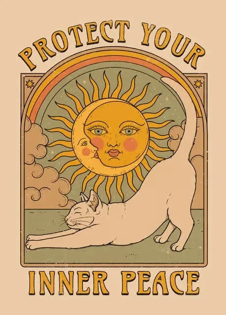 Vintage-style illustration with a sun and cat, featuring text 'Protect Your Inner Peace' on a beige background.