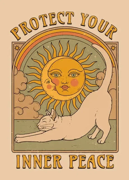 Vintage-style illustration with a sun and cat, featuring text 'Protect Your Inner Peace' on a beige background.