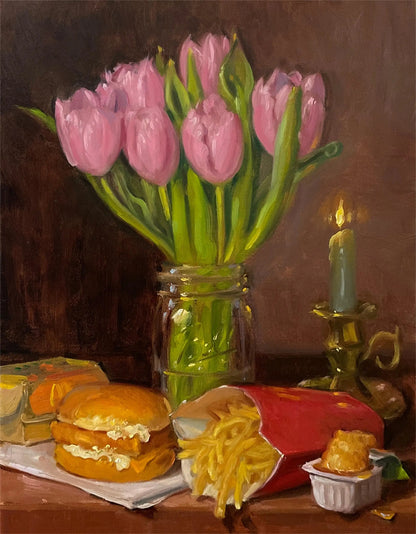 Still life painting with pink tulips in a jar, sandwiches, and a candle.