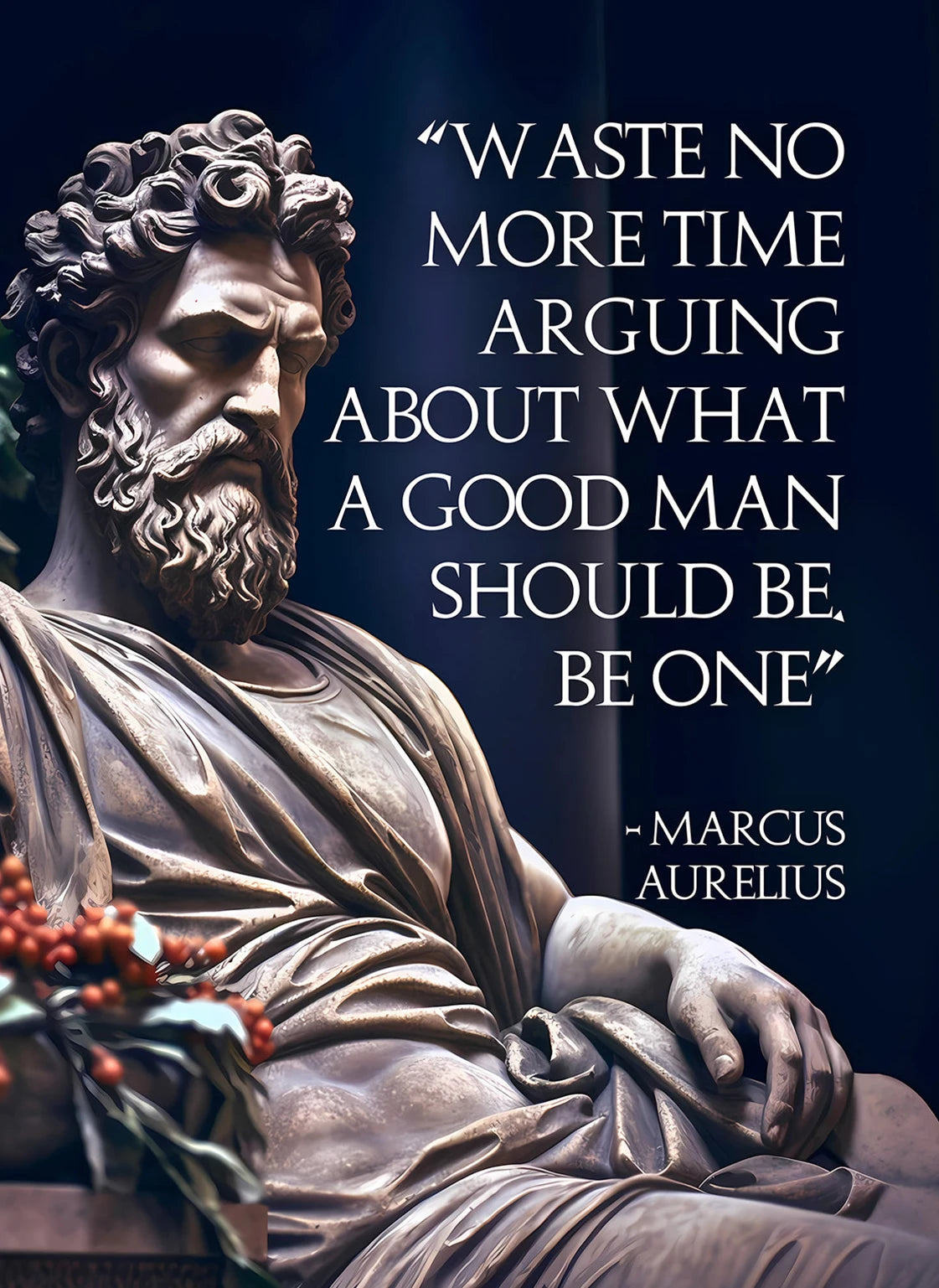 Statue of a man with a beard and a quote by Marcus Aurelius on a dark background