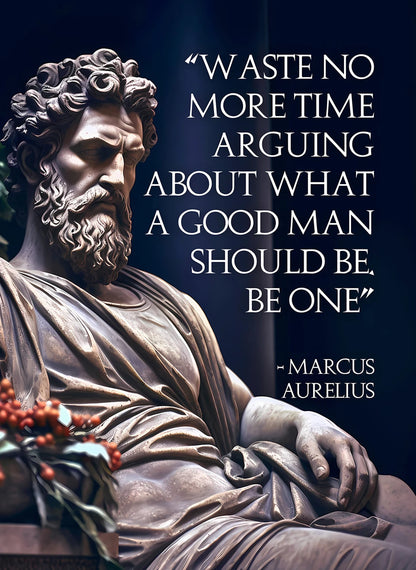 Statue of a man with a beard and a quote by Marcus Aurelius on a dark background