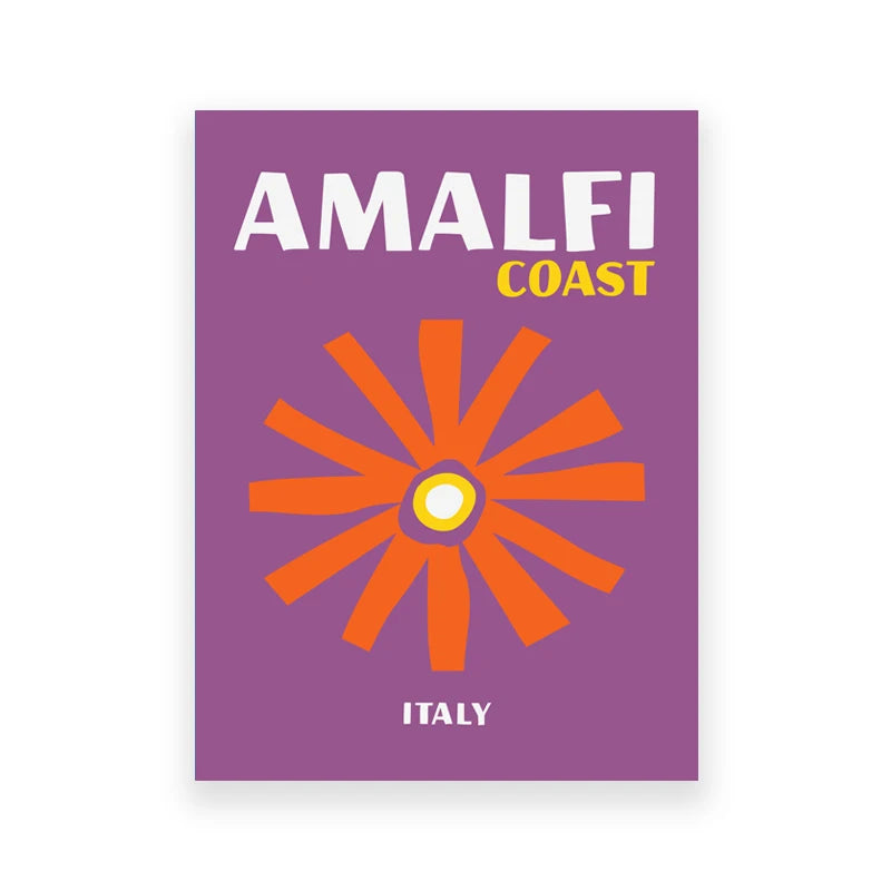 Poster with 'Amalfi Coast, Italy' text and a red sun design on a purple background