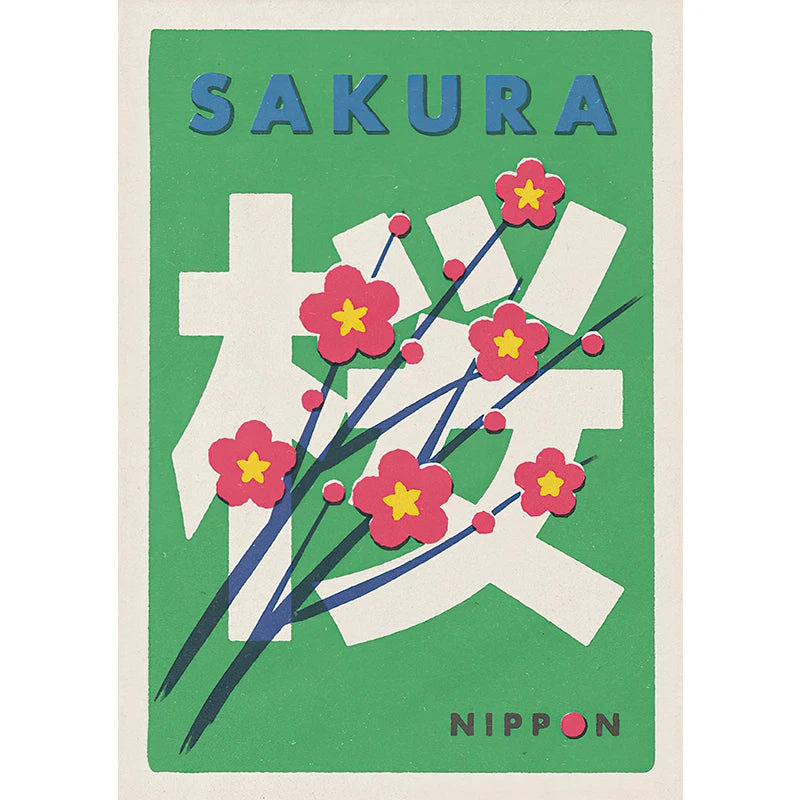 Sakura design with flowers and text on a green background