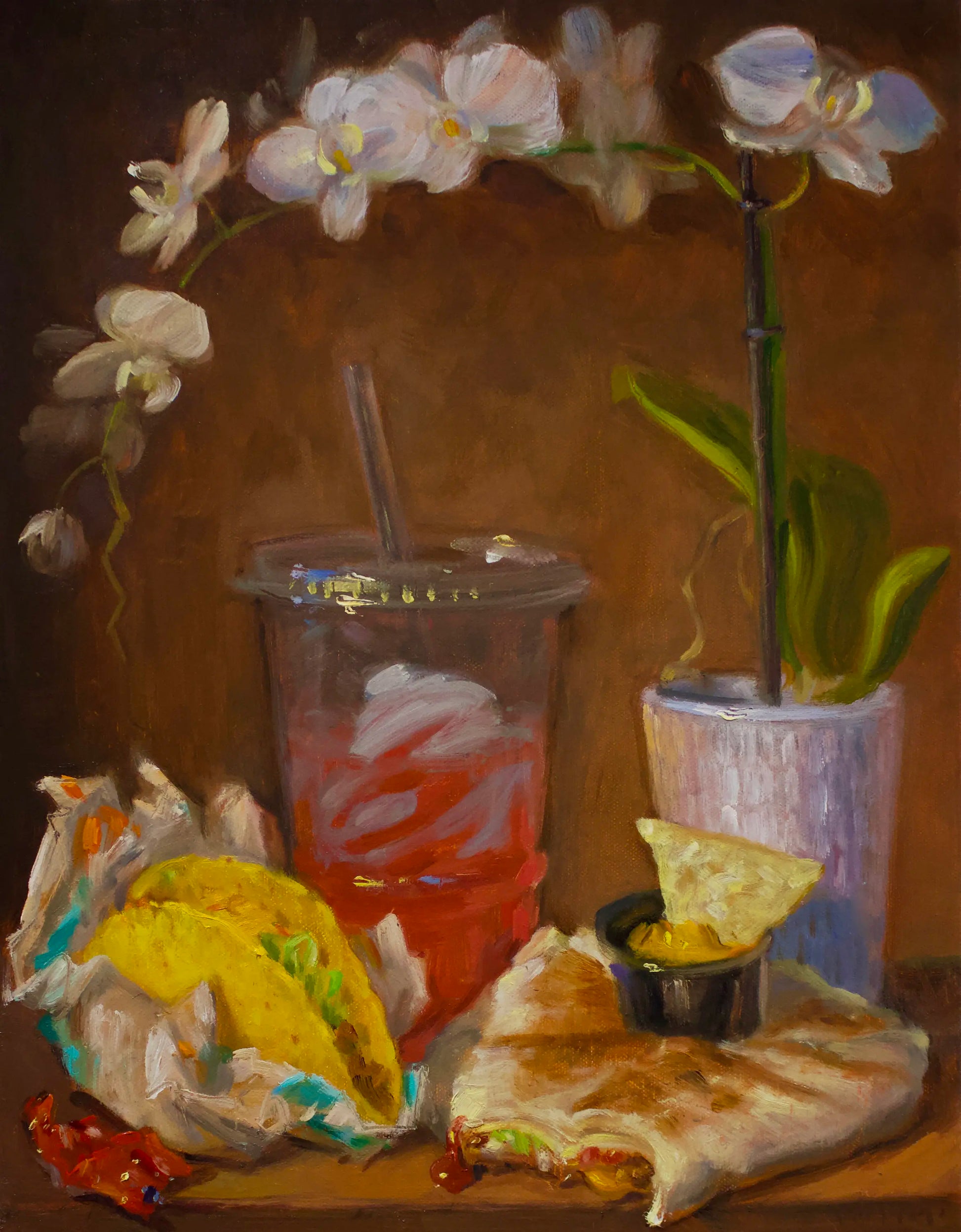 Still life painting of a drink, tortilla chips, and tacos with flowers in the background.