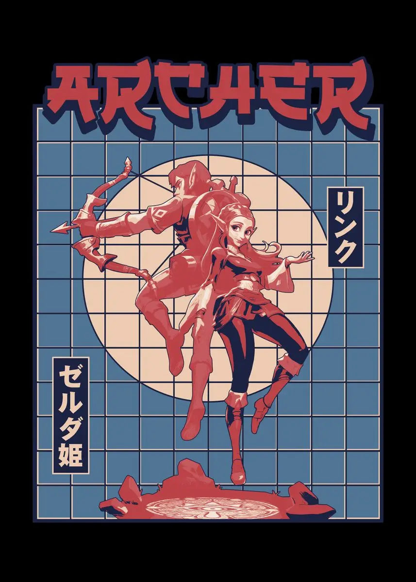 Vintage-style poster with two characters in a dynamic pose, surrounded by grid lines and text.