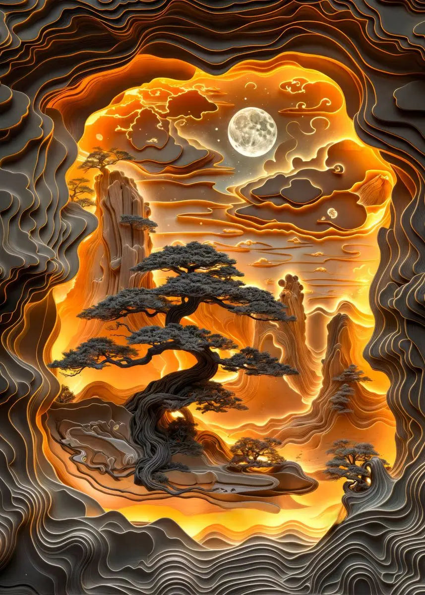 Artistic depiction of a mountain landscape with a tree, moon, and clouds in a stylized, layered design.
