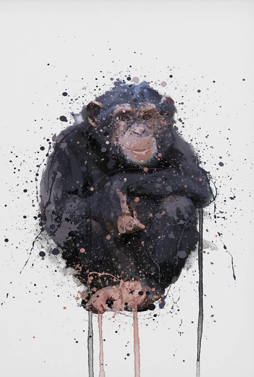 Artistic depiction of a chimpanzee with abstract black and white splashes on a white background