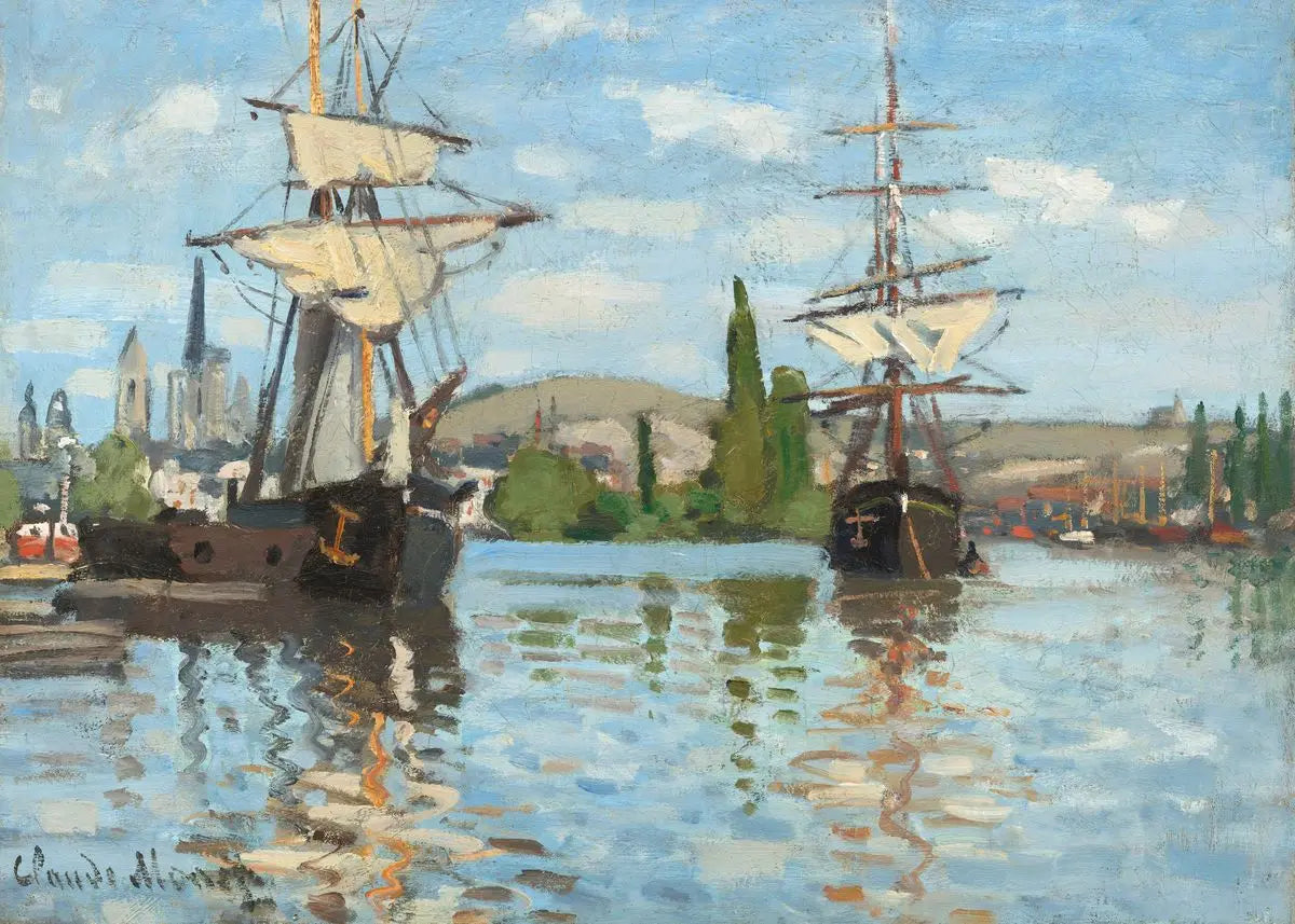 Painting of two ships on a body of water with a cityscape in the background