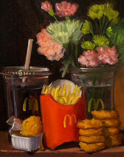 Still life painting of McDonald's food items including fries, burgers, and drinks with flowers.