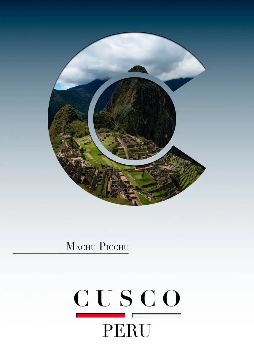 Circular design with Machu Picchu and Cusco, Peru text on a gradient background