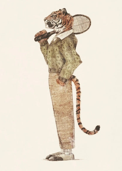 Illustration of a tiger in human-like attire with a jacket and hat on a beige background